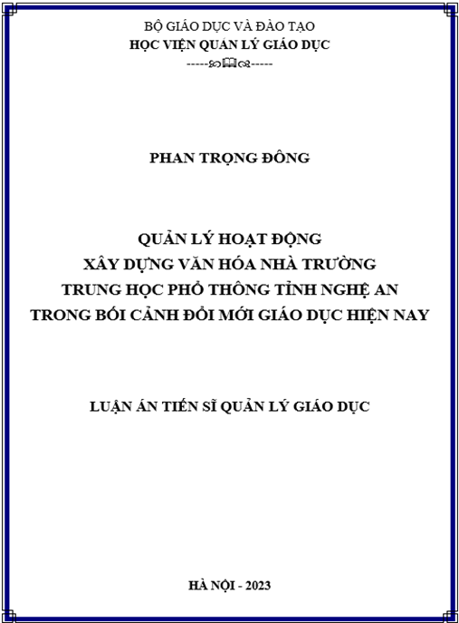 Quản lý hoạt động xây dựng văn hóa nhà trường trung học phổ thông tỉnh Nghệ An trong bối cảnh đổi mới giáo dục hiện nay