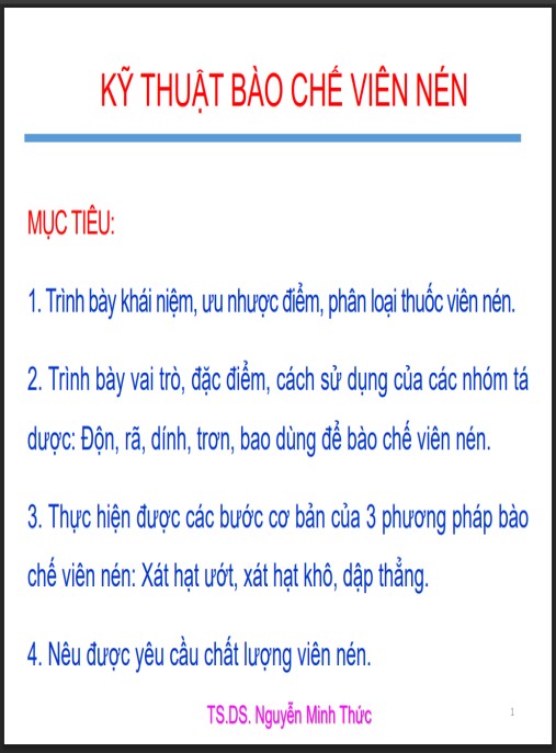 Bài giảng Kỹ thuật bào chế viên nén