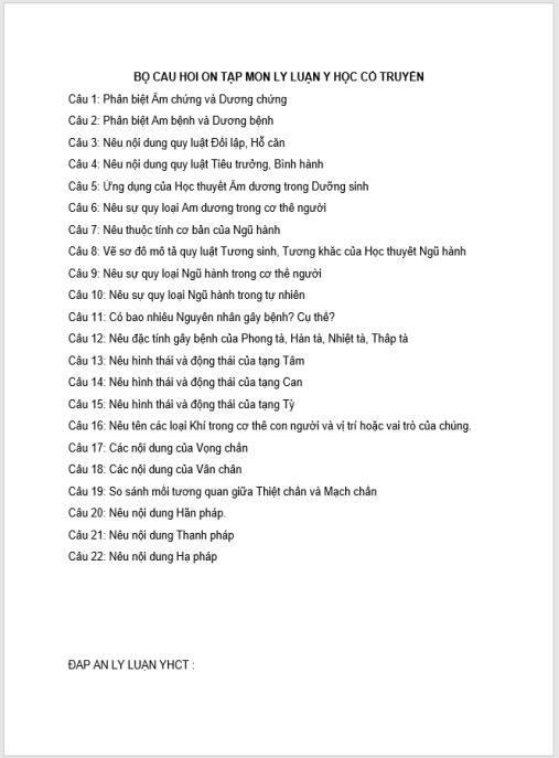 Bộ câu hỏi ôn tập môn Lý luận Y học cổ truyền có đáp án