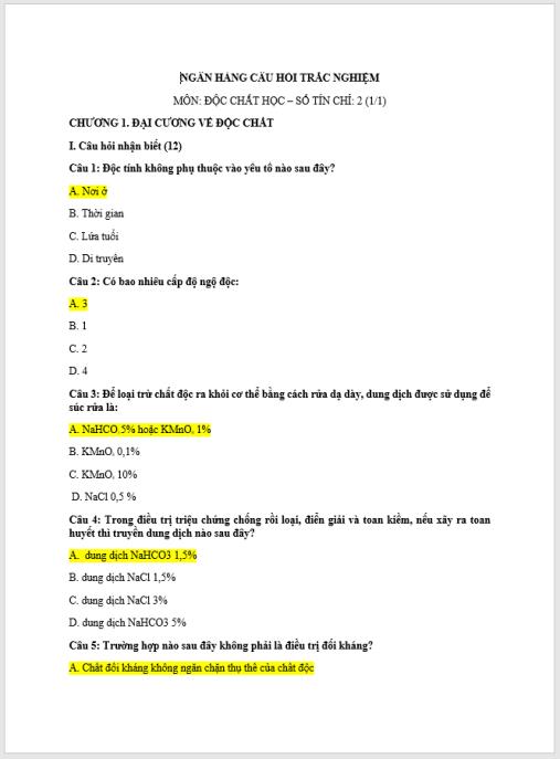 Ngân hàng câu hỏi trắc nghiệm Độc chất học