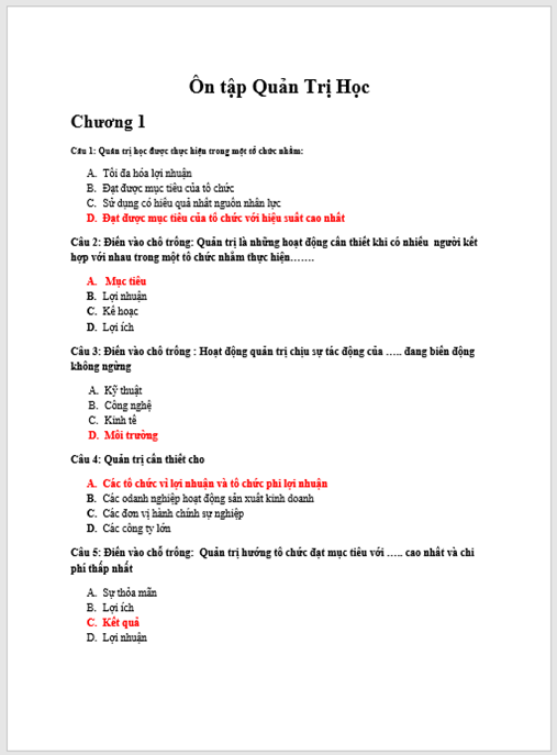 ôn tập: Quản trị học (Có đáp án)